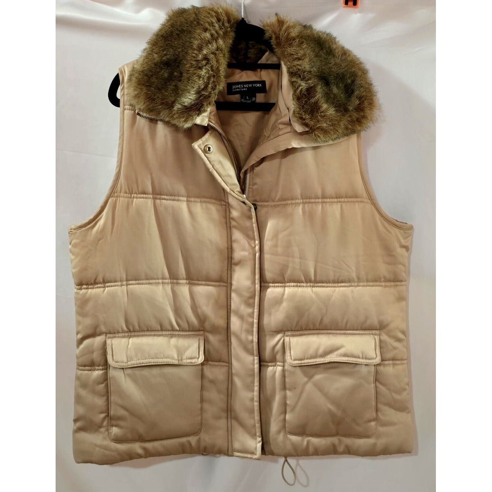 Jones New York Satin Beige Puffer Vest With Removable Faux Fur Collar Size Large